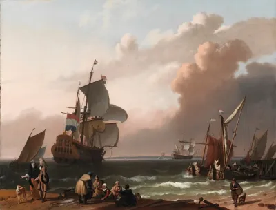 Coastal Scene With A Man Of War And Other Vessels