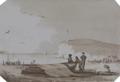Coastal Scene With Figures Boats Lighthouse Etc