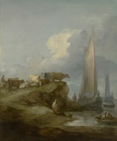 Coastal Scene With Shipping And Cattle