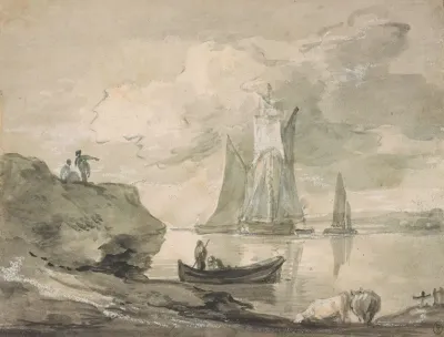 Coastal Scene With Shipping Figures And Cows