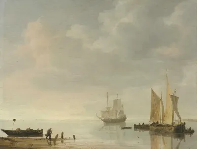 Coastal Scene With Ships Resting On Calm Waters