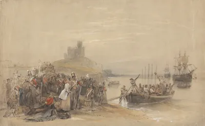 Coastal Scene With Troops Embarking