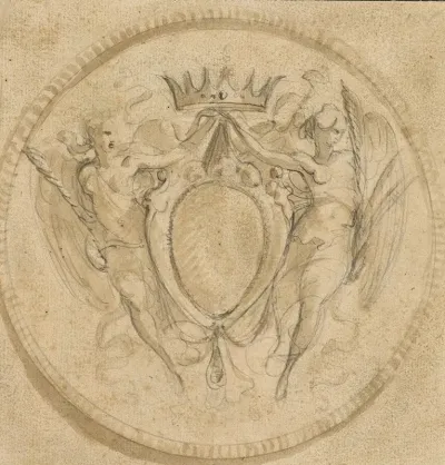 Coat Of Arms Of The Rezzonico Family Capped By A Princely Crown And Supported By Two Winged Victories