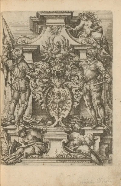 Coat Of Arms On A Pedestal Flanked By Two Soldiers And The Personification Of Victory Victoria