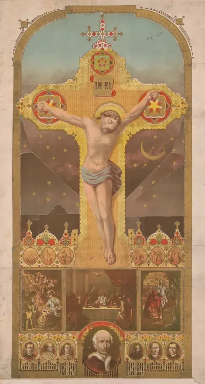 Collage Of Crucifix Biblical Events And Portraits Of Religious Leaders