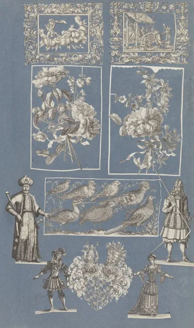 Collage Of Cut Out Prints Pasted On Blue Paper Pl 02