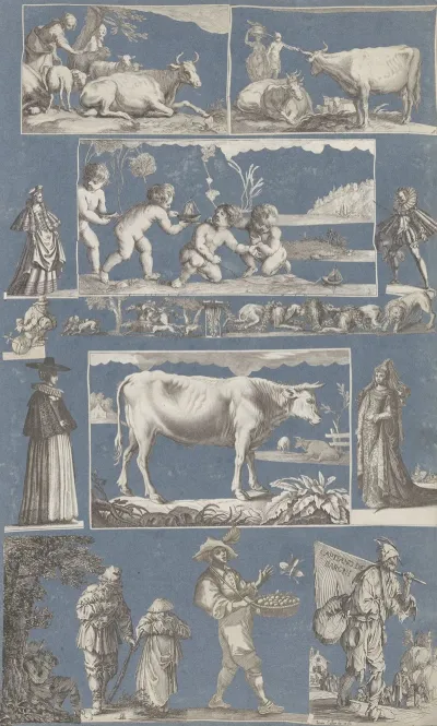 Collage Of Cut Out Prints Pasted On Blue Paper Pl 04