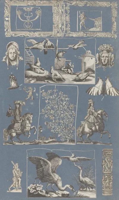 Collage Of Cut Out Prints Pasted On Blue Paper Pl 07