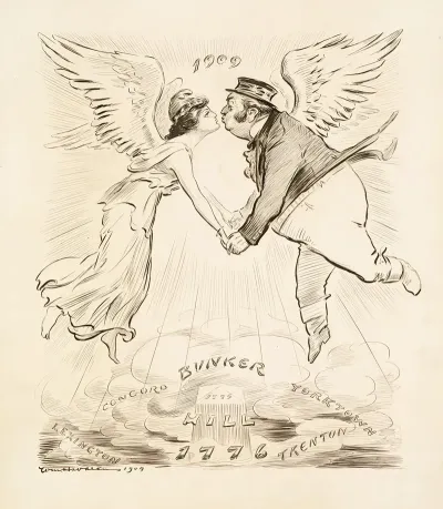 Columbia United States And John Bull Great Britain With Wings Fly Hold Hands And Kiss In The Year 1909