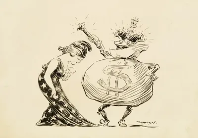 Columbia United States Bows Down Before A Man Depicted As A Bag Of Money With A Crown