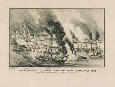 Com Farraguts Fleet Passing The Forts On The Mississippi April 24th 1862 The U S Frigate Mississippi Destroying The Rebel Ram Manassas