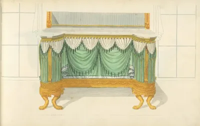 Commode Or Sideboard With Green Drapery