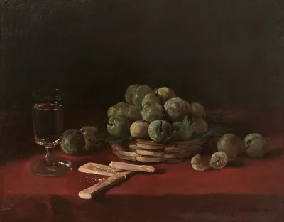 Composition Au Panier De Reines Claudes Aux Biscuits Et Au Verre De Vin