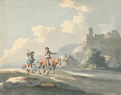 Composition Two Travellers And A Dog On A Road Passing Cottages With Ruins On A Hill