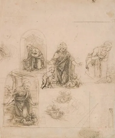 Compositional Sketches For The Virgin Adoring The Christ Child With And Without The Infant St John The Baptist Diagram Of A Perspectival Projection