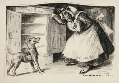 Congress Depicted As Old Mother Hubbard Opens Her Cupboard The U S Treasury To Get Food For Her Dog But Finds It Is Empty