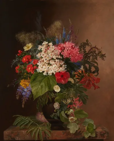 Convulvulus Lupins Speedwell And Fuschia In A Vase