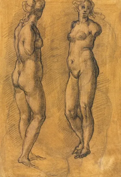 Copy Of An Antique Statue Of A Standing Woman Two Views Over A Sketch Of A Putto