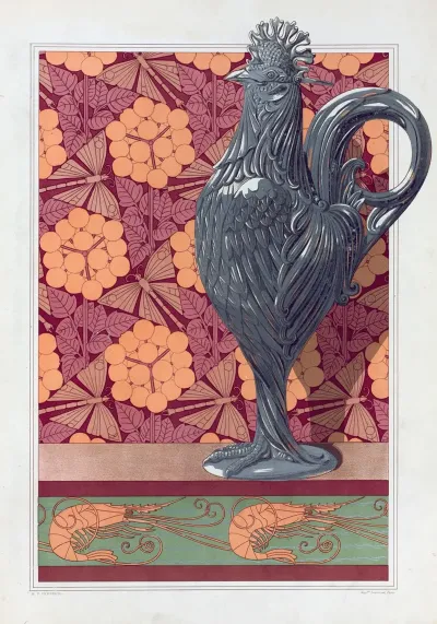 Coq Vase Argent Cisele Ombelles Et Libellules Jeu De Fond Crevettes Bordure