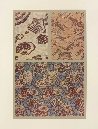 Coquilles Sur Jeu De Fond Geometrique Grues Au Vol Et Chrysanthemes Fleurs De Soleils
