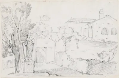 Corner Of An Italian Garden With A Church Beyond