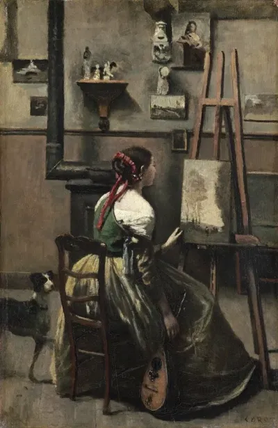 Corots Studio Woman Seated Before An Easela Mandolin In Her Hand