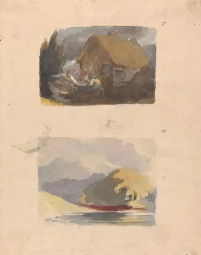 Cottage With Figures In Front No 15 Landscape With River And Mountains Sunshine No 16