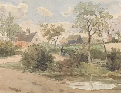 Country Landscape With Cottage Windmill Barns And Figures With Pond In Foreground