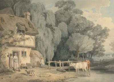 Country Scene Figures By A Cottage Door And Cattle In A Stream