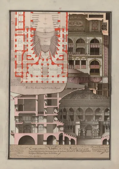 Coupe En Travers Du Theatre Cote De La Loge Royale Avec Le Profil Des Premieres Secondes Et Troisiemes Loges Et Galeries