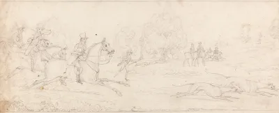 Coursing A Group Of Riders Galloping From Left After A Couple Of Greyhounds