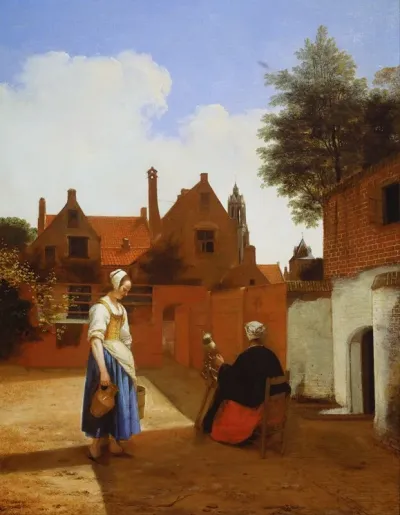 Courtyard In Delft At Evening A Woman Spinning