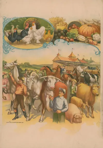 Cow Pigs Horses With Fair Buildings In The Background Framed By Chickens And Produce