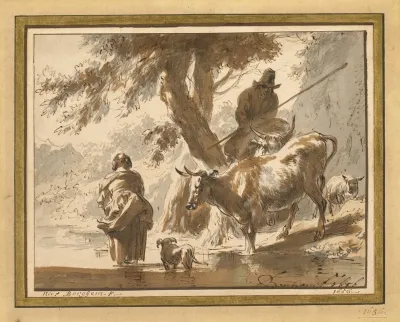 Cows Crossing A Ford With A Couple And A Dog