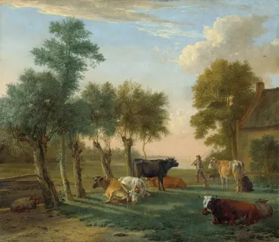 Cows In A Meadow Near A Farm