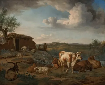 Cows Sheep Goats And Herders Resting In A Pastoral Landscape