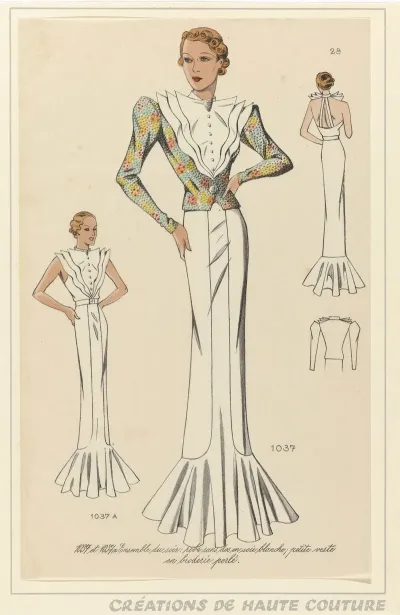 Creations De Haute Couture Ensemble Du Soir Robe Sans Dos En Soie Blanche Petite Veste En Broderie Perle