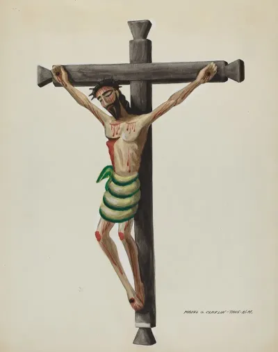 Cristo Carved And Painted On Black Carved Wooden Cross