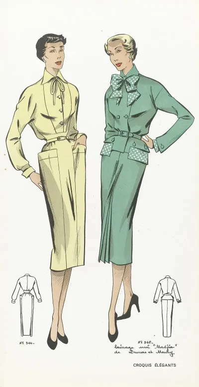 Croquis Elegants Ca 1954 No 344 En No 345 Lainage Uni Madjia