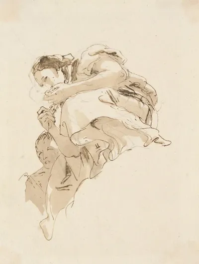 Crouching Woman With A Boy Behind Her