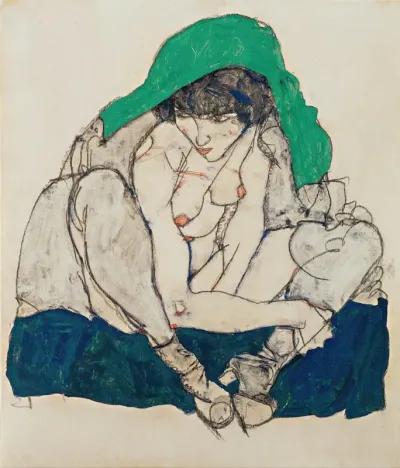 Crouching Woman With Green Headscarf