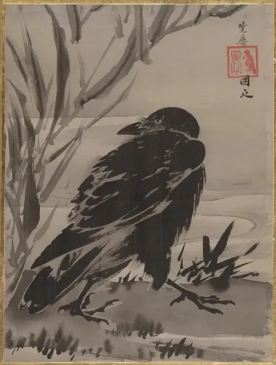 Crow And Reeds By A Stream