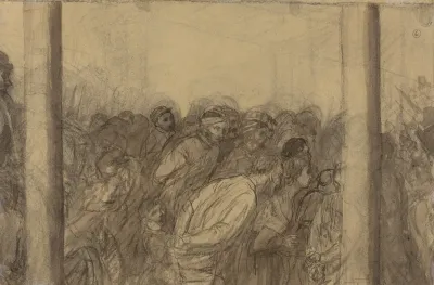 Crowd Of People Seen Between Two Columns Verso