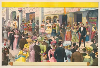 Crowds At A Circus Sideshow Viewing Women And Some Men Dressed In Costumes Of Foreign Lands
