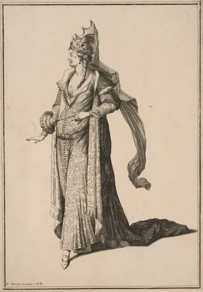 Crowned Woman Holding Feather Fan