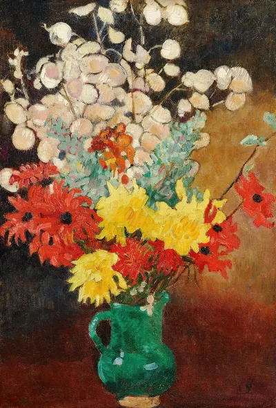 Cruche Verte Dahlias Et Fleurs