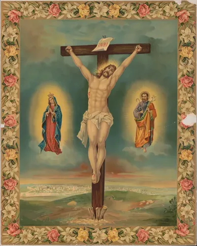 Crucifix With Saints And Flower Garland Frame