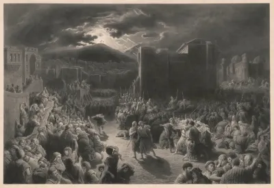 Crucifixion Scene In Stormy Dark Town With Crowds And Roman Soldiers Surrounding Two Men