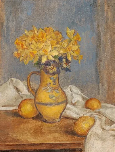 Daffodils In A Vase And Lemons