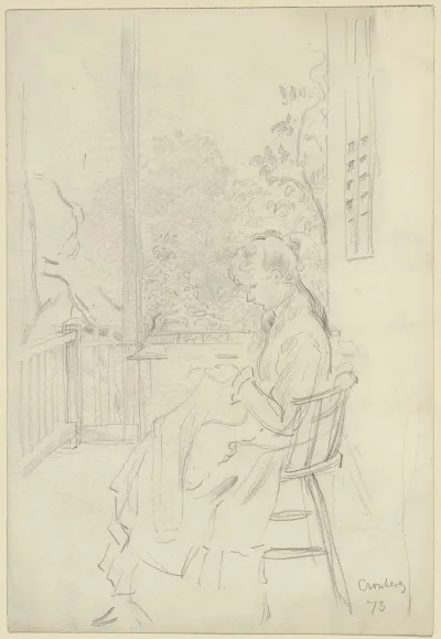Dame Auf Einer Veranda Bei Der Handarbeit